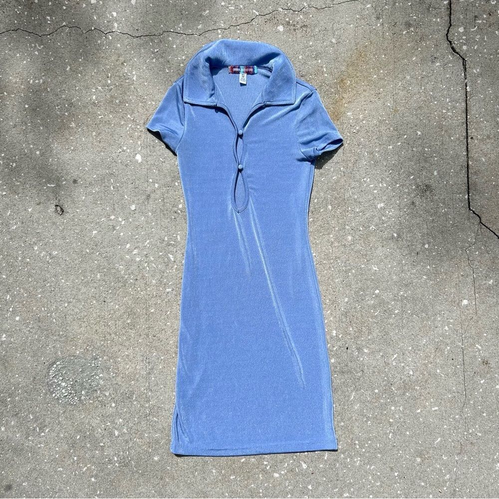 Urban Outfitters Baby Blue Shimmer Stretchy Cutout Mini Dress // bodycon collar
